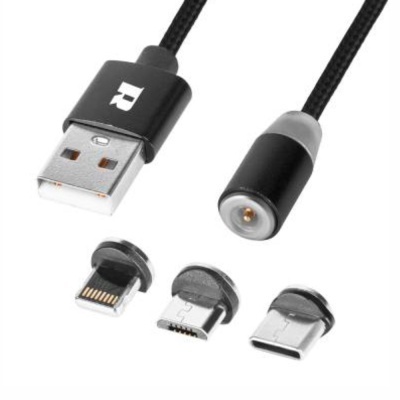 Cabo USB preto com conector magnético e três adaptadores distintos