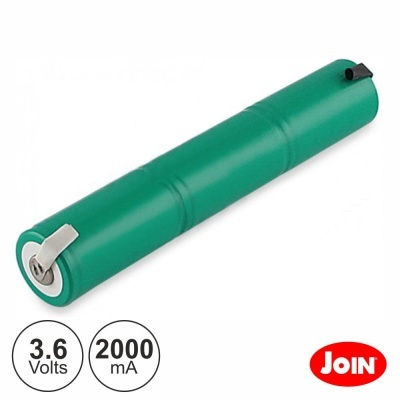 Bateria cilíndrica verde com texto de voltagem e amperagem, e logo JOIN