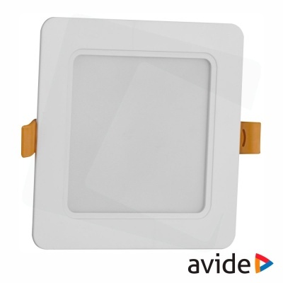 Painel LED quadrado branco com bordas arredondadas e clips laranja