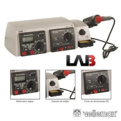Equipamento de bancada LAB-1 com multímetro digital, estação de soldar e fonte de alimentação DC da Velleman