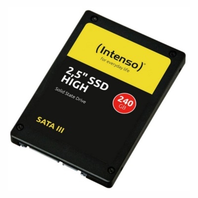 Disco SSD Intenso 2,5 polegadas 240 GB SATA III preto com etiqueta amarela e vermelha