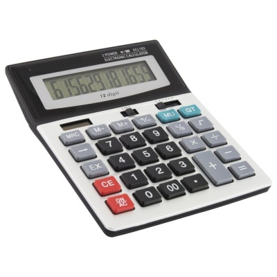 Calculadora eletrónica cinza, preto e branco com visor digital e teclas coloridas