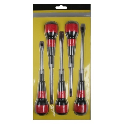 Conjunto de 5 chaves de fendas com cabos pretos e vermelhos em embalagem de blister amarelo