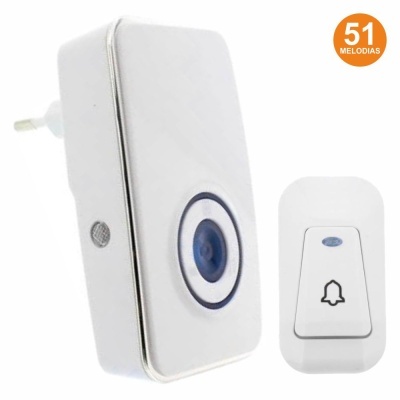 Campainha eletrônica branca com botão branco e indicação de 51 melodias