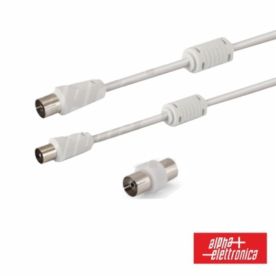 Cabo coaxial branco com conectores metálicos e adaptador, logo alpha elettronica
