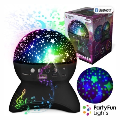 Coluna portátil Bluetooth PartyFun Lights preta com padrão de estrelas coloridas e embalagem