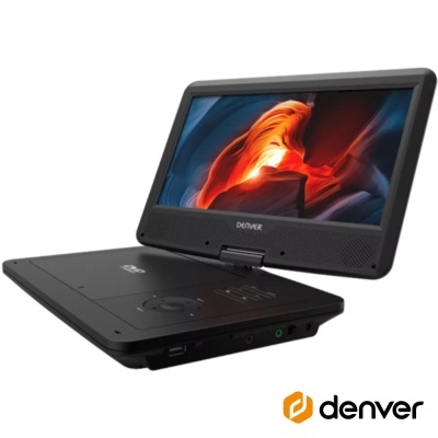 Leitor de DVD portátil preto Denver com ecrã dobrável e botões de controlo.