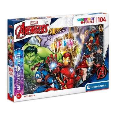 Caixa de puzzle Marvel Avengers com 104 peças mostrando super-heróis em ação