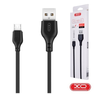 Cabo USB preto com conectores USB-A e Micro-USB e embalagem