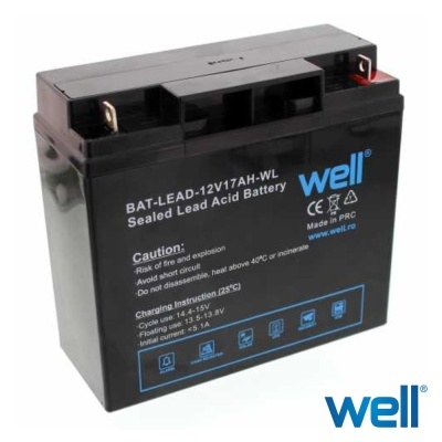 Bateria de chumbo selada preta 12V17Ah da Well com texto branco e azul