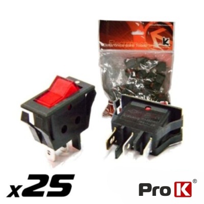 Interruptores de alavanca preto com botão vermelho, saco com unidades, texto x25 e logótipo Pro K