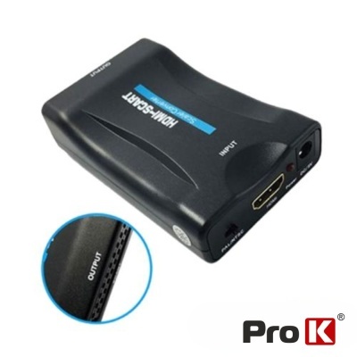 Conversor de vídeo HDMI para SCART preto da marca Pro K com conexões HDMI e SCART
