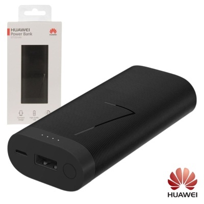 Power bank Huawei preto com textura riscada e embalagem branca