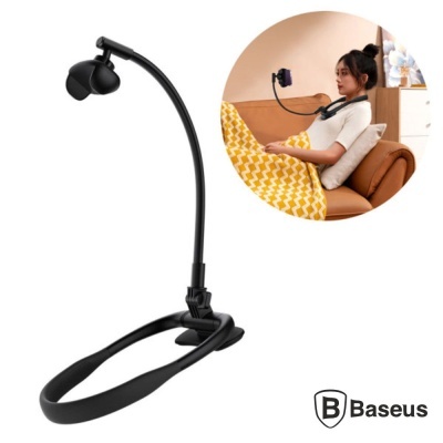 Suporte flexível Baseus para telemóvel com clipe para o pescoço, em plástico preto.