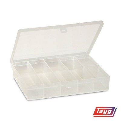 Caixa organizadora plástica transparente com divisórias e tampa aberta