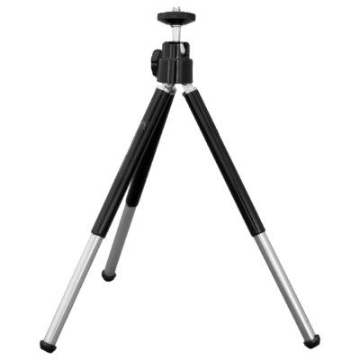 Tripé para câmara com pernas extensíveis e parte superior preta.