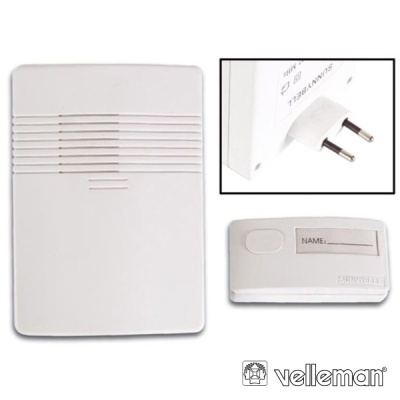 Dispositivo eletrónico branco com ficha de dois pinos e etiqueta para nome Velleman