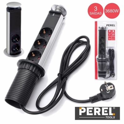 Tomada elétrica de embutir preta com três saídas, cabo elétrico, embalagem e logo PEREL
