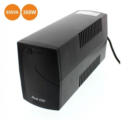 Nobreak preto retangular com texto e marcações em fundo branco