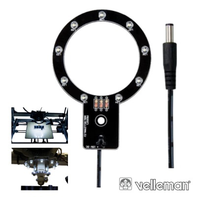 Anel de luz LED preto com 9 LEDs e cabo, com imagens de impressora 3D e logotipo velleman