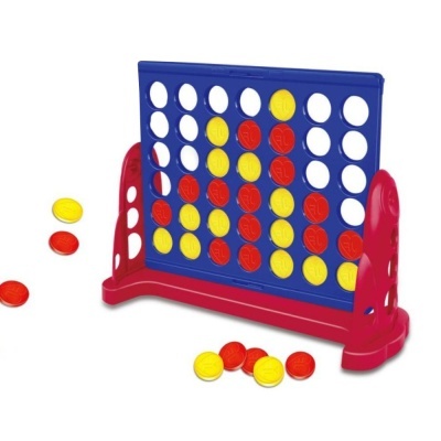 Jogo Connect 4 com tabuleiro azul e suporte vermelho e peças amarelas e vermelhas