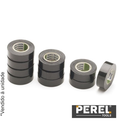 Vários rolos de fita isolante preta com o logotipo PEREL TOOLS.