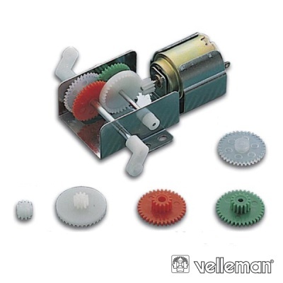 Motor elétrico com engrenagens de plástico coloridas e estrutura metálica, logótipo Velleman