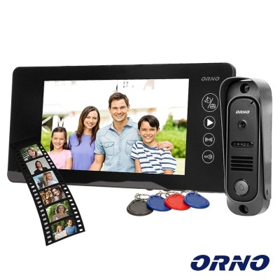 Videoporteiro digital ORNO com monitor e unidade externa preta, quatro chaves RFID coloridas e logotipo ORNO