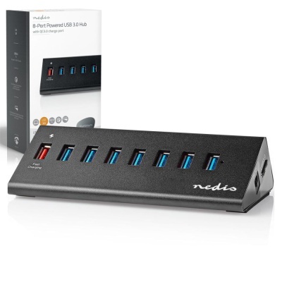 Hub USB 3.0 preto com oito portas, embalagem ao fundo