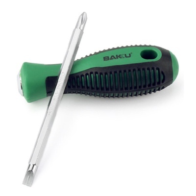 Chave de fendas dupla com cabo verde e preto e haste metálica prateada