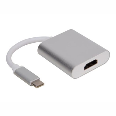 Adaptador USB-C para HDMI prateado com cabo branco curto