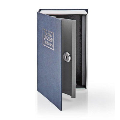 Cofre em forma de livro azul com fecho metálico e título dourado