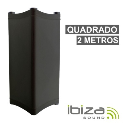 Coluna de som preta quadrada com texto 'QUADRADO 2 METROS' e logótipo 'ibiza SOUND'