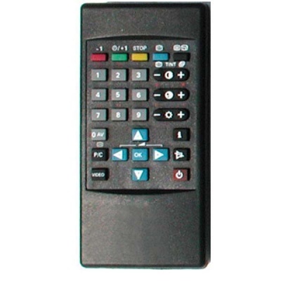 Comando remoto preto com vários botões e setas de navegação