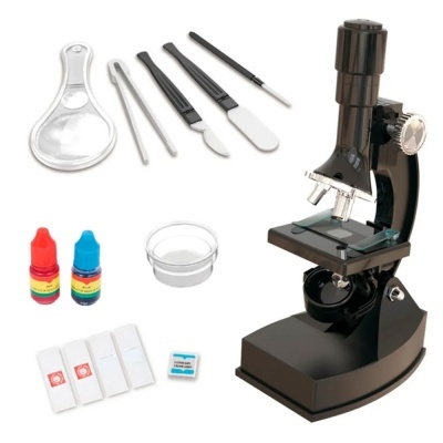 Kit de microscópio com acessórios, frascos de gotas coloridas e lâminas de vidro