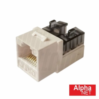 Conector modular RJ45 branco com tampa preta e logótipo Alpha NET