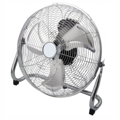 Ventoinha metálica prata com três pás e suporte em U