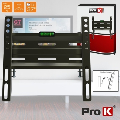 Suporte de parede metálico preto para TV Pro K com embalagem e instruções de instalação