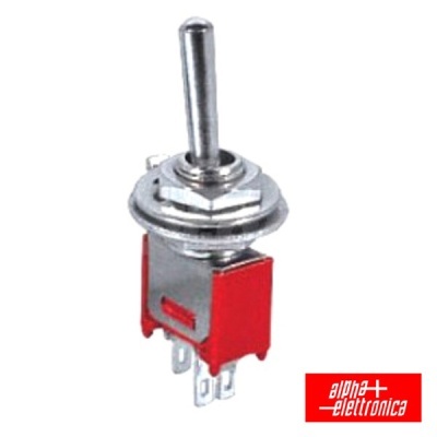 Interruptor toggle metálico com corpo vermelho e terminais