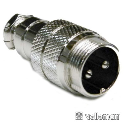 Conector metálico prateado com textura e logótipo velleman