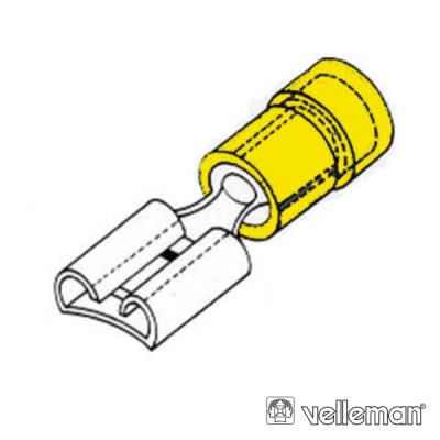 Conector elétrico amarelo e metálico para fios, com logo Velleman