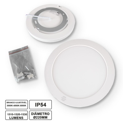 Painel LED redondo branco com dimmer, 220 mm, IP54, 1510-1530 lumens ajustáveis