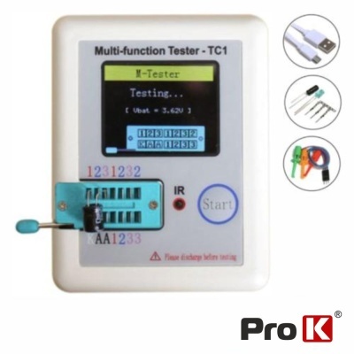 Dispositivo branco Multi-function Tester TC1 com ecrã digital e acessórios para teste
