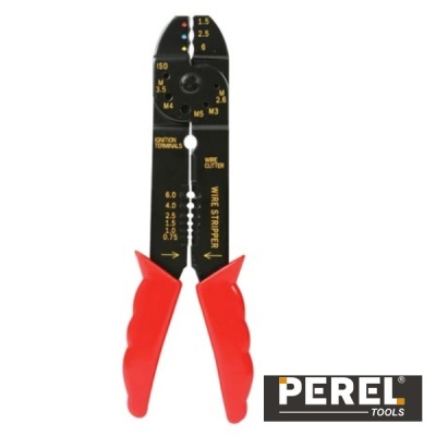 Alicate PEREL Tools com cabo vermelho e corpo preto marcadas em amarelo.
