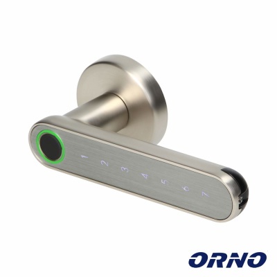 Puxador de porta em metal com teclado numérico iluminado e logótipo ORNO