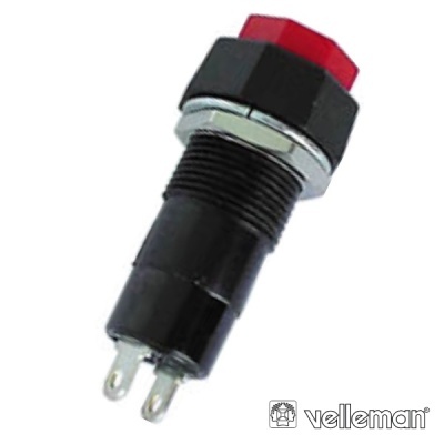 Botão interruptor pressão vermelho com terminais metálicos e base preta