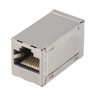 Conector adaptador RJ45 metálico prateado com pinos dourados