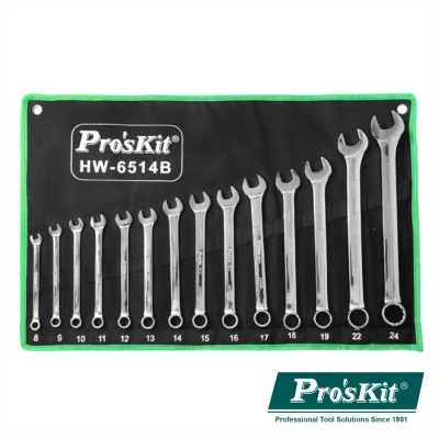 Conjunto de chaves fixas e combinadas Pro'sKit HW-6514B numa bolsa preta com borda verde.