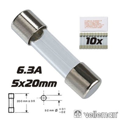 Fusível vidro 6.3A 5x20mm com embalagem 10x e logótipo Velleman