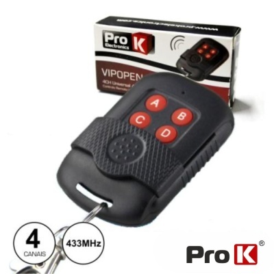 Comando preto Pro K VIPOPEN com botões vermelhos em caixa branca